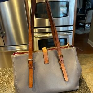 Dooney & Bourke Gray Leather Shoulder Bag with Tan Straps